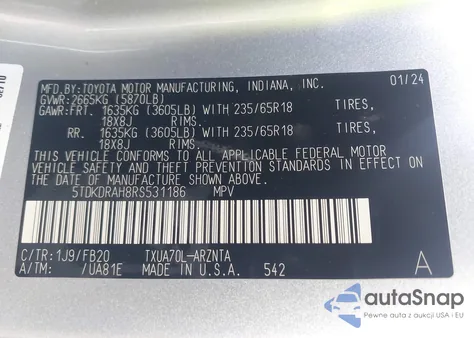 2024 Toyota Highlander Le z USA, uszkodzony, nr VIN 5TDKDRAH8RS531186